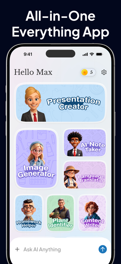 Interface Mega AI de Gamma App présentant le créateur de présentations, le générateur d'images et l'aide aux devoirs.