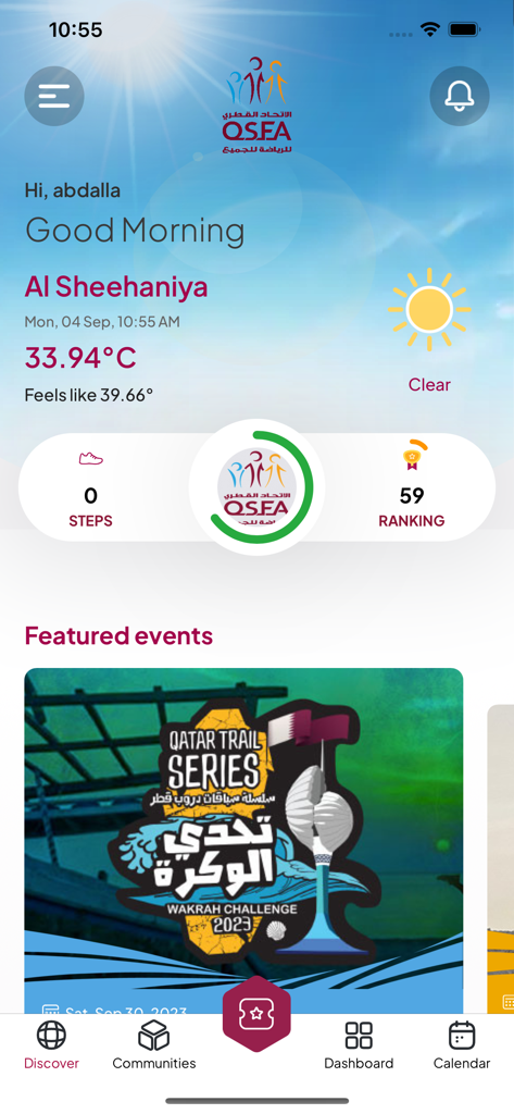 Das Home-Dashboard der QSFA-Mobil-App mit Wetterinformationen, Schrittzahl und vorgestellten Sportveranstaltungen.