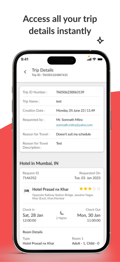 Yatra for Business - Yatra for Businessアプリで法人の出張詳細とホテル予約情報を表示するスマートフォン画面