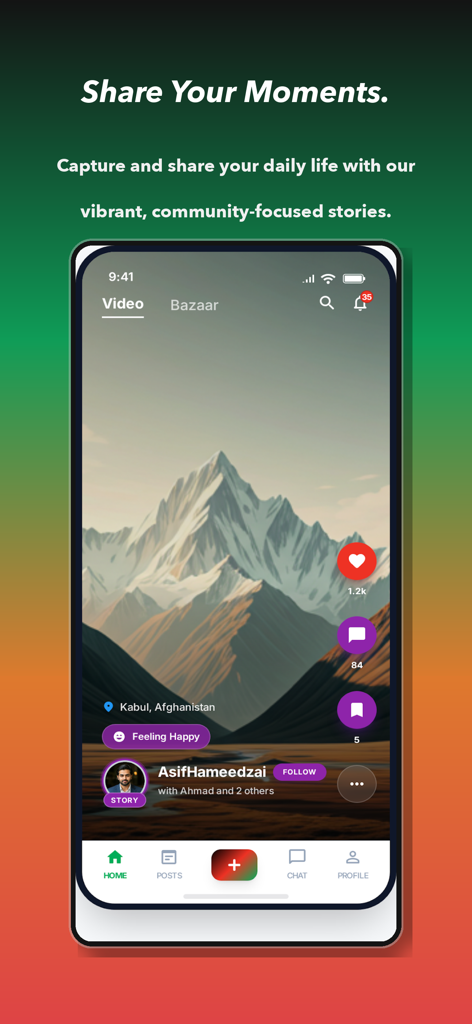 AfghanG: Digital Afghanistan - A mobile interface for the AfghanG app showing a video story of mountains in Kabul with social engagement icons