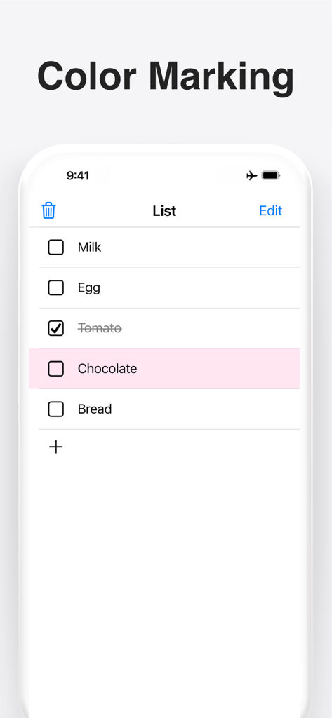 チョコレートをピンク色で強調するカラーマーキング機能を備えた、食料品リストを表示するミニマリストなToDoリストアプリのインターフェース