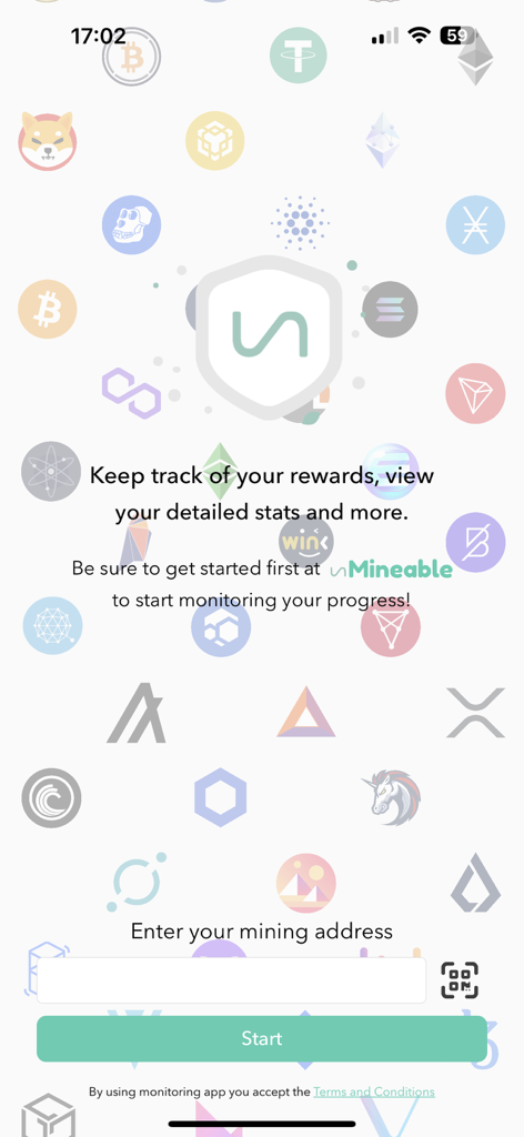 unMineable - unMineable app login interface for entering a crypto mining address