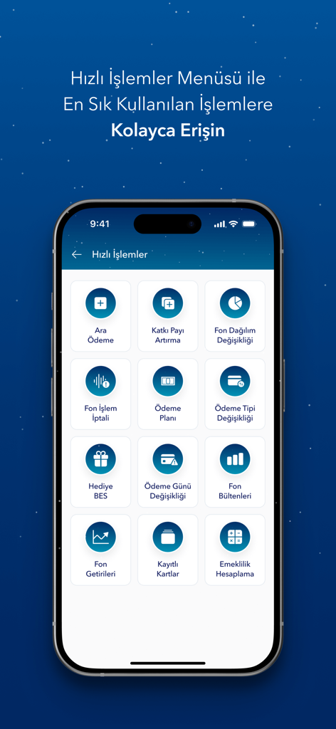 금융 및 보험 서비스를 제공하는 터키 보험 모바일 앱의 빠른 실행 메뉴 스크린샷