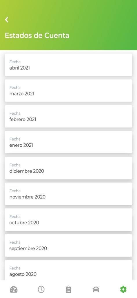 Account statements list by month in the AutoExpreso Movil app