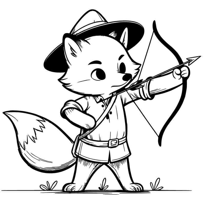 a fox standing up, with a long shirt, and a small hat, shooting an arrow realistic