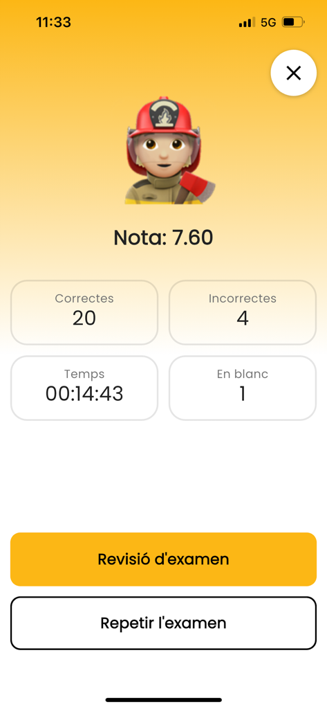 Firefighter exam results screen showing a score of 7.60 with correct and incorrect answer counts