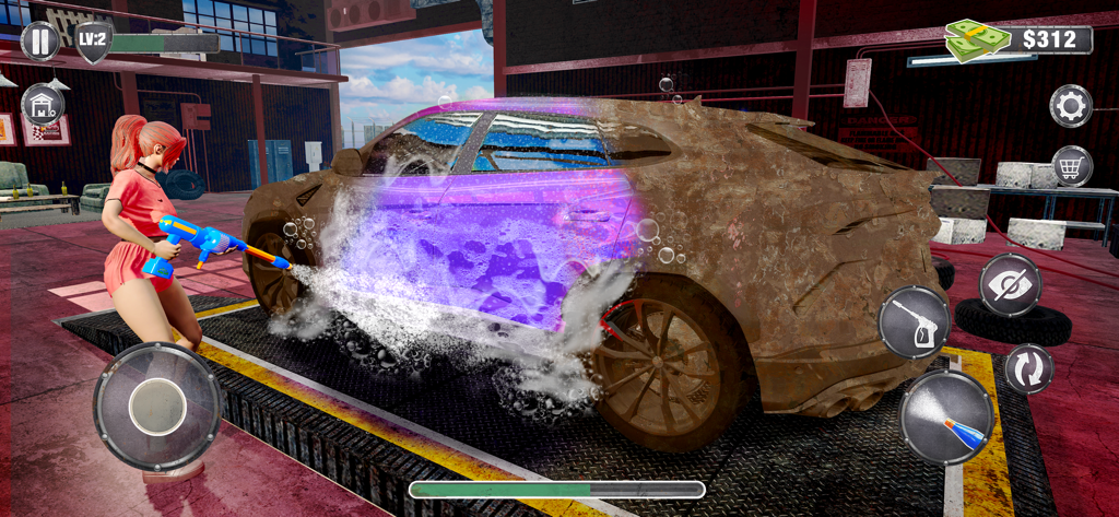 Car Wash - Power Washing Game - Un personnage nettoyant une voiture brune sale avec un nettoyeur haute pression dans un garage simulation.
