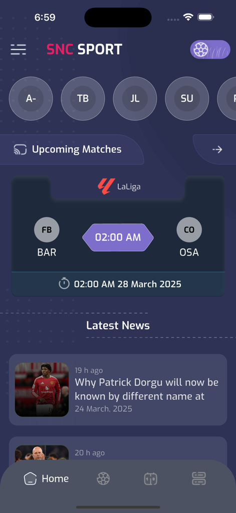 Startbildschirm der SNC Sport App mit anstehenden Fußballspielen und aktuellen Nachrichtenartikeln.
