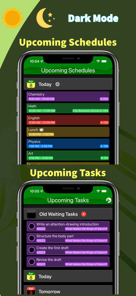 Interface of the Class and Homework Schedule app showing student schedules and task lists in dark mode