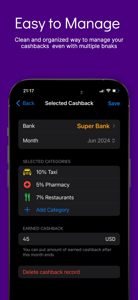 Cashbackerアプリのインターフェースに、特定の銀行の選択されたキャッシュバックカテゴリが表示されています。