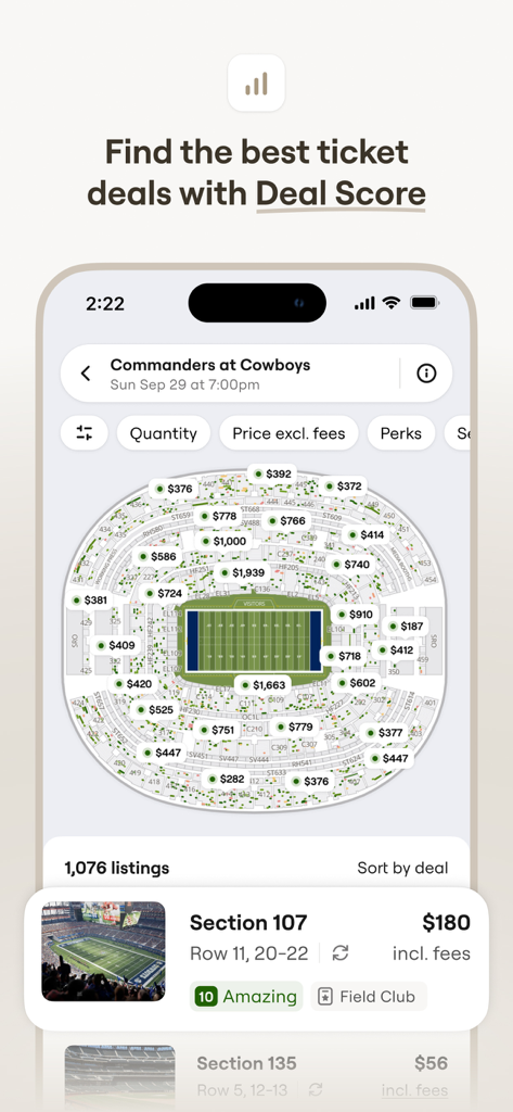 Interface de l'application SeatGeek affichant un plan des sièges du stade avec les prix des billets et les offres Deal Score.
