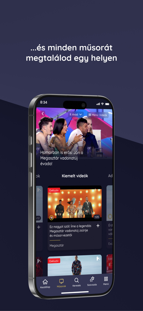 TV2 Play - TV2 Playアプリのインターフェース（iPhone）で、ハンガリーのエンターテイメントコンテンツを表示