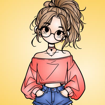 girl with a messy ponytail glasses a baggy crop top and jean shorts