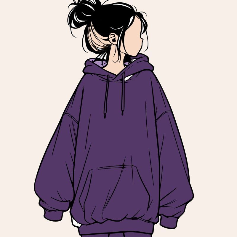 realistic girl with a oversized sweatshirt on and a bun