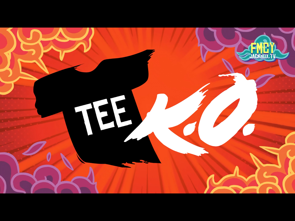 The Jackbox Party Starter - Schermata del titolo del gioco Tee KO dal bundle The Jackbox Party Starter con silhouette di maglietta nera su sfondo arancione brillante in stile fumetto