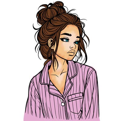 realistic woman with pajamas on and a messy bun