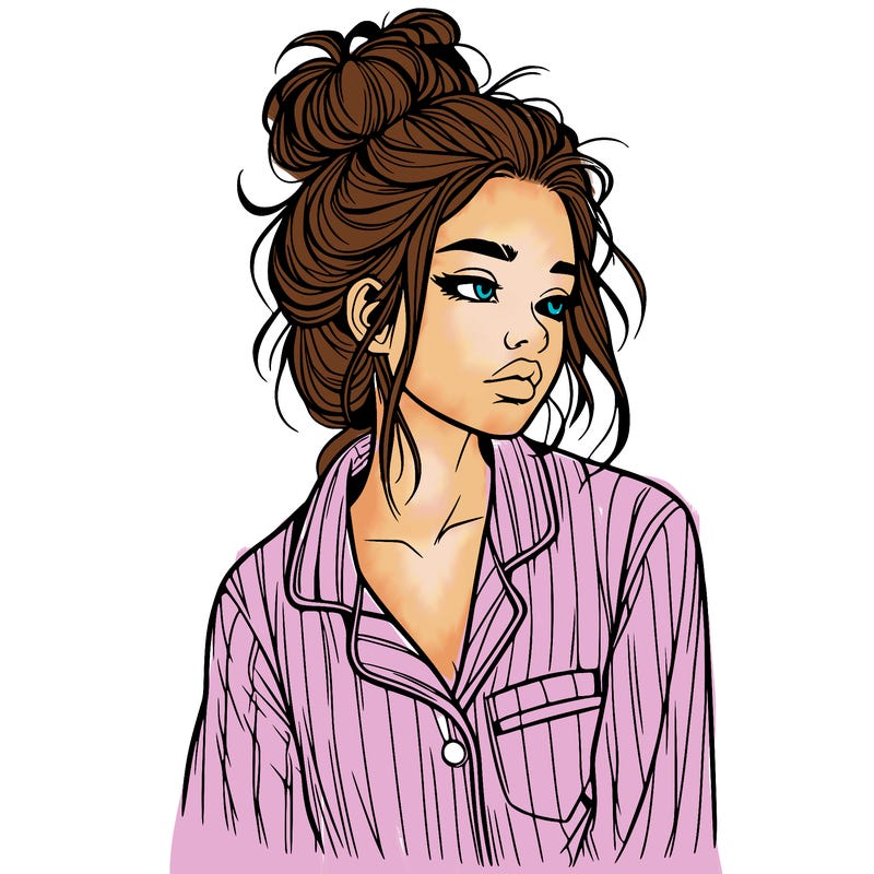 realistic woman with pajamas on and a messy bun