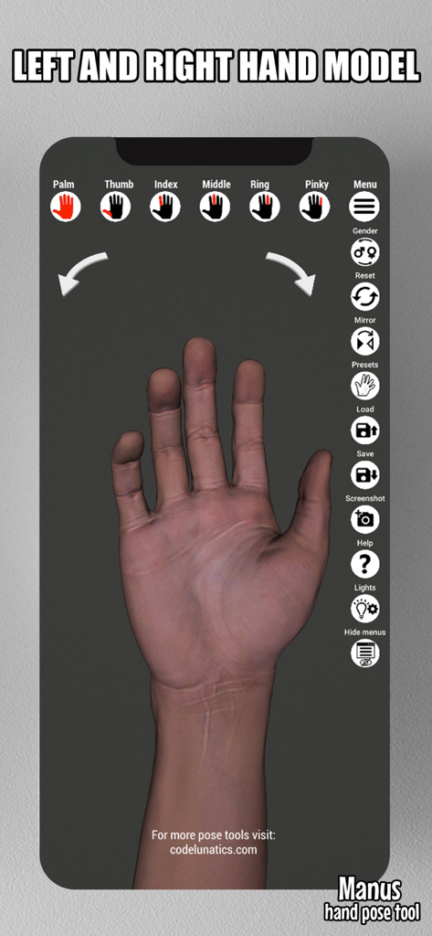 A screenshot of the Manus app interface showing a 3D hand model with finger manipulation and lighting controls for artists.