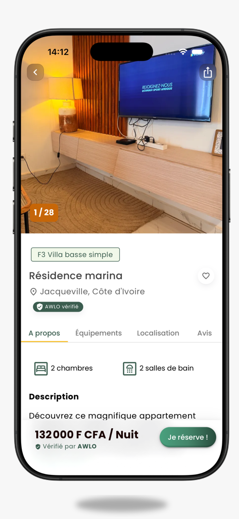 Awlo - Captura de tela do aplicativo Awlo de uma vila mobiliada verificada na Costa do Marfim com preço de reserva