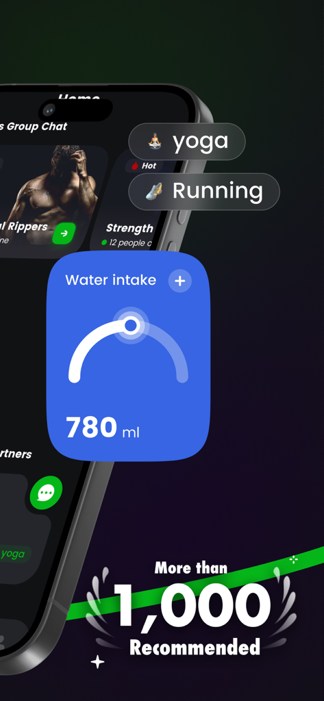 Fierr: Where Flow Meets People - Fierr app interface showing a water intake tracker workout categories like yoga and running and community recommendations