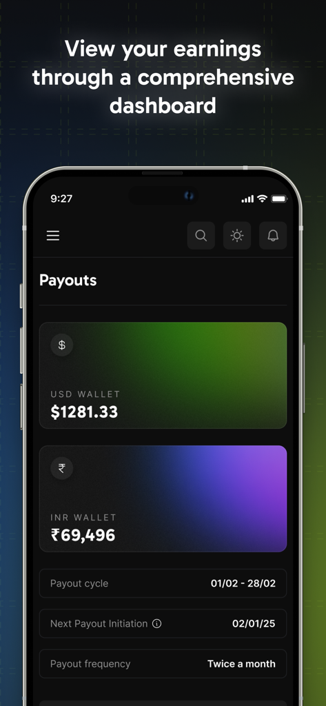 Dodo Payments - Panel de Dodo Payments que muestra saldos de billetera en varias divisas y calendarios de pago.