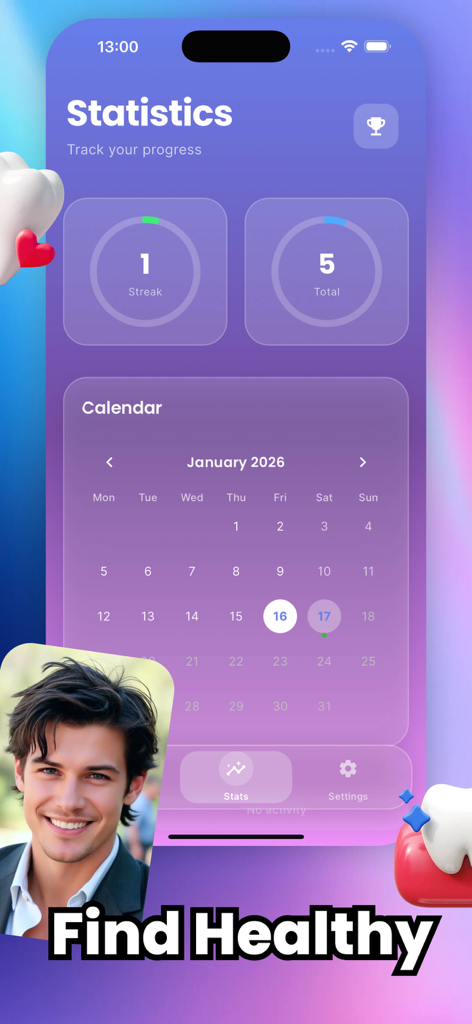 Vicu - Vicu app statistics screen showing a brushing streak counter and a monthly habit tracking calendar