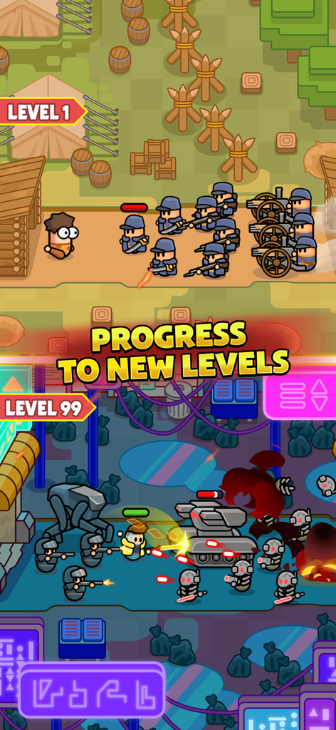 Eternal Empire: Warrior Eras - Side by side comparison of level 1 prehistoric warriors and level 99 futuristic army with tanks and mechs