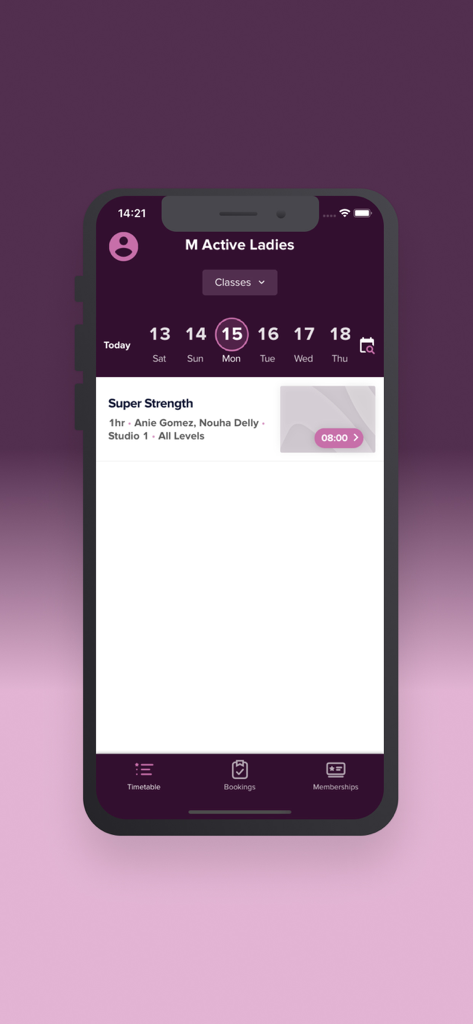 M Active Ladies - M Active Ladies app timetable screen showing fitness class bookings