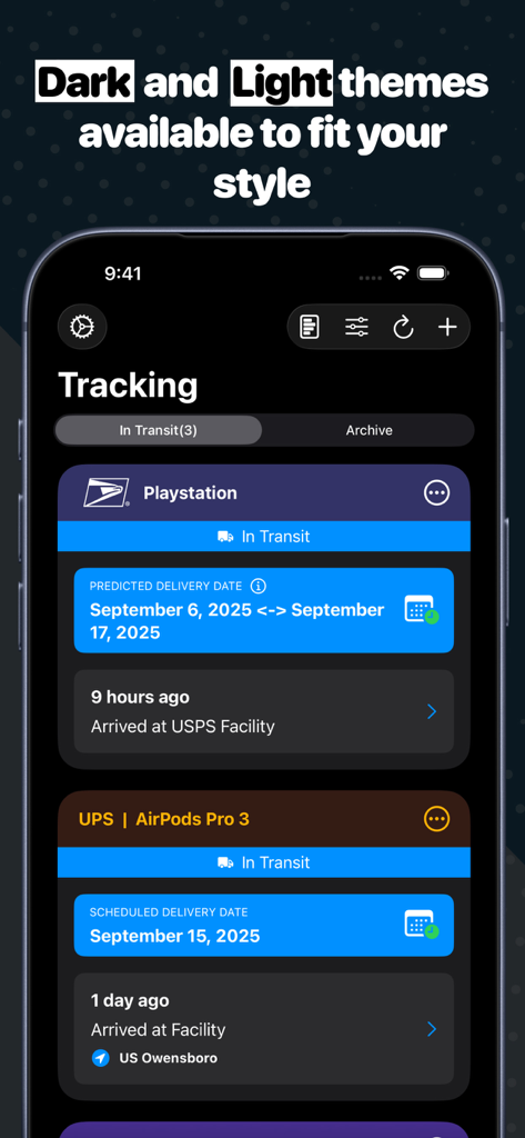 활성 USPS 및 UPS 배송 추적을 보여주는 다크 모드의 Deliveries Package Tracker 앱 인터페이스