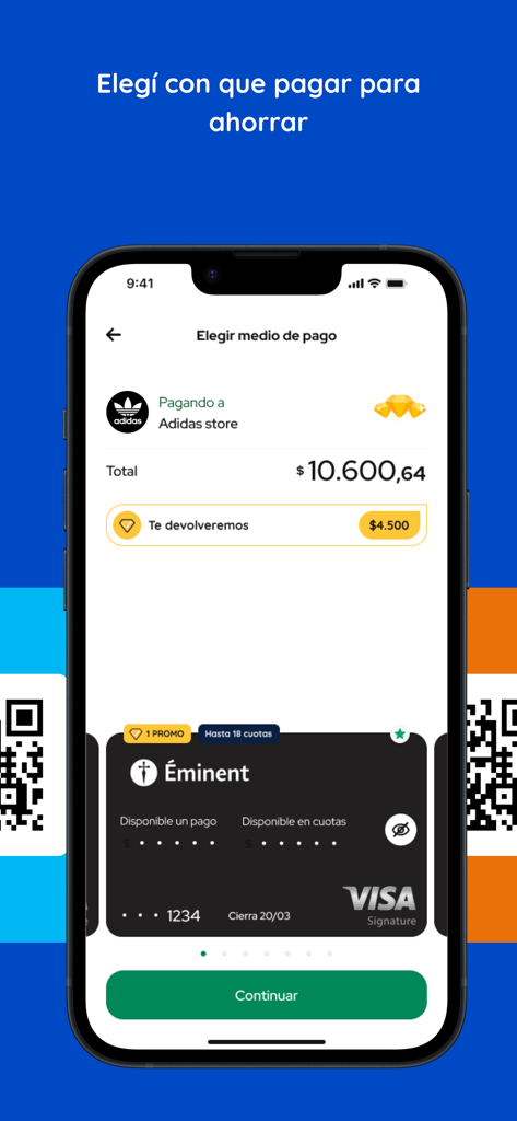 MODO app checkout screen showing payment options and a cashback promotion for an Adidas store purchase