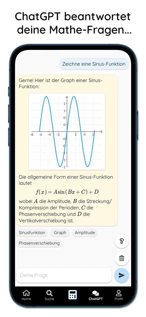 Miranda - Mathe-Nachhilfe - Aplicativo de reforço de matemática Miranda mostrando uma conversa do ChatGPT com um gráfico de função seno e fórmula