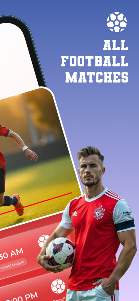 Drama Live: Sports App - Un jugador de fútbol sosteniendo un balón de fútbol en la interfaz de la aplicación deportiva Drama Live con todos los partidos de fútbol.