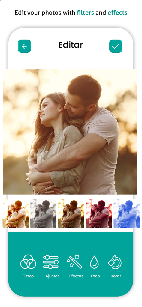 2026 photo frame editor app - Interface do aplicativo editor de fotos mostrando diferentes opções de filtro para uma foto de um casal.