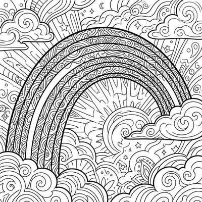 Dive into a world of intricate patterns with this stunning adult coloring page featuring a majestic secondary rainbow. Designed for mindful relaxation, it offers complex details for a truly engaging artistic experience.