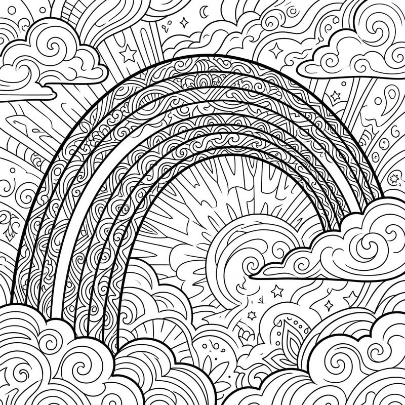 Dive into a world of intricate patterns with this stunning adult coloring page featuring a majestic secondary rainbow. Designed for mindful relaxation, it offers complex details for a truly engaging artistic experience.