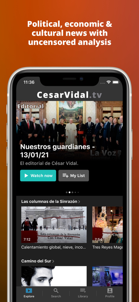 Schermata principale dell'app mobile Cesar Vidal TV con categorie di notizie e analisi senza censure