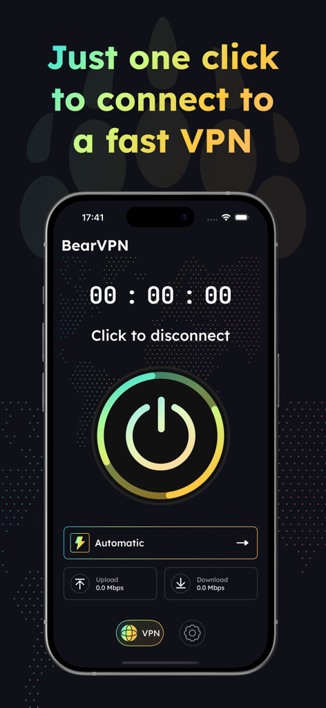 VPN - Bear VPN Proxy Master - BearVPN mobile app interface showing a central power button for a one-click connection to a fast proxy server.