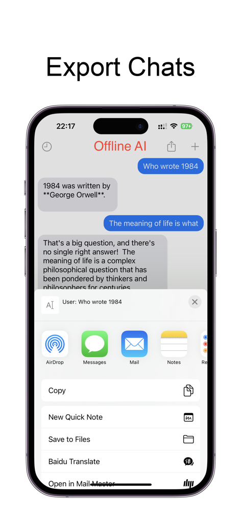 Offline Chatbot - Private AI - Exporting chat history from the Offline Chatbot app using the iOS share menu to other applications