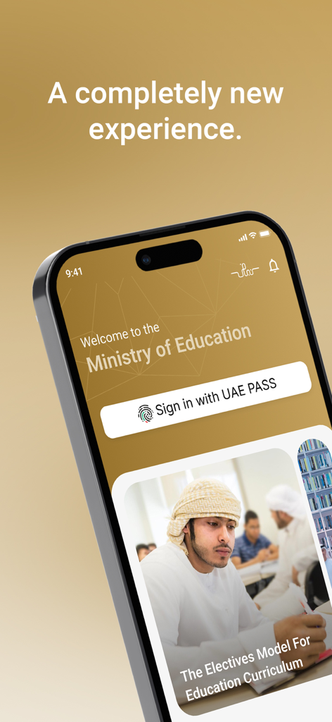 Tela de boas-vindas do aplicativo do Ministério da Educação dos Emirados Árabes Unidos mostrando a opção de login do UAE PASS e conteúdo educacional para estudantes