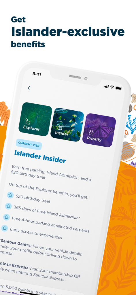 MySentosa - Captura de pantalla de la aplicación MySentosa que muestra los beneficios exclusivos para el nivel de membresía Islander Insider