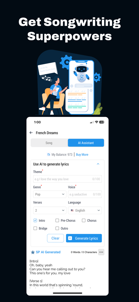 A mobile app screen showing AI songwriting tools for generating song lyrics and verses