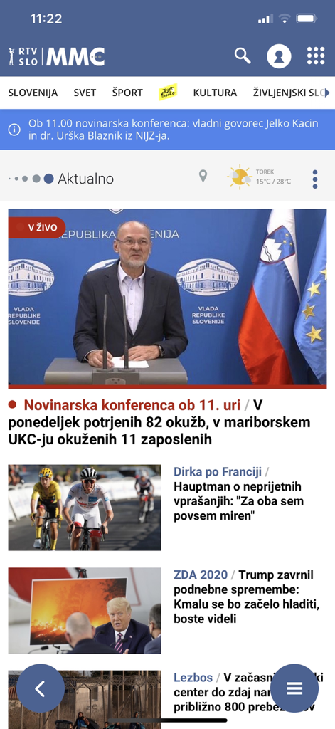 RTV SLO - RTV SLO mobile app interface displaying Slovenian news headlines and live video content.