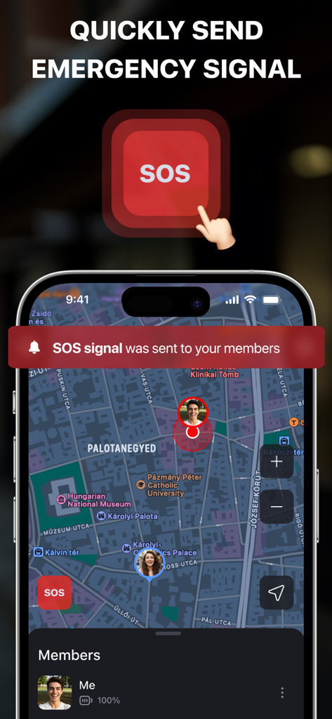 Aplicación Rastreador de Teléfono mostrando el envío de una señal SOS de emergencia con la ubicación del mapa en vivo