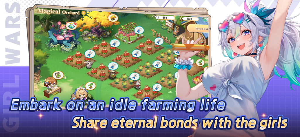 Girl Wars - Anime heroine next to the Magical Orchard idle farming feature in Girl Wars