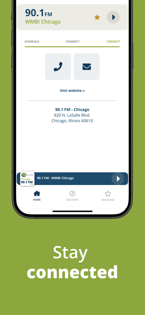 Moody Radio mobile app contact screen for WMBI Chicago station with phone and email icons