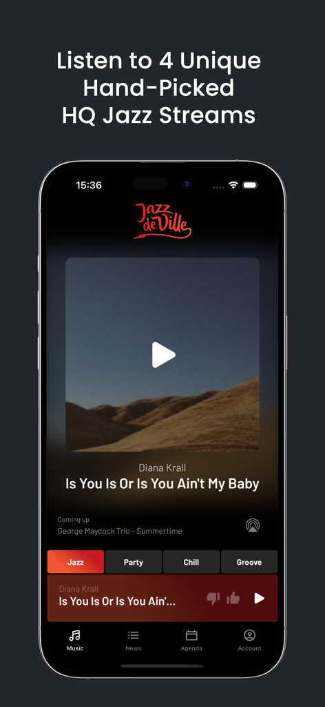Jazz de Ville - Jazz de Ville mobile app interface featuring high quality jazz music streams and mood based categories.