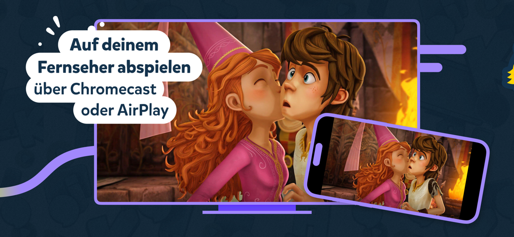 Oberfläche der KiKA-App, die zeigt, wie ein Smartphone animierte Videos über Chromecast oder AirPlay auf einen Fernsehbildschirm streamt.