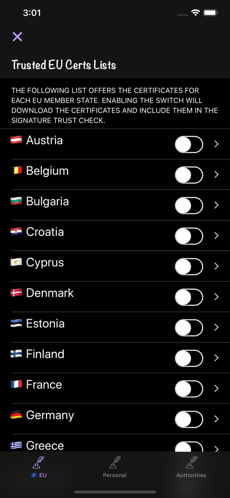 A list of trusted European Union certificate lists by country within the P7M Viewer app.