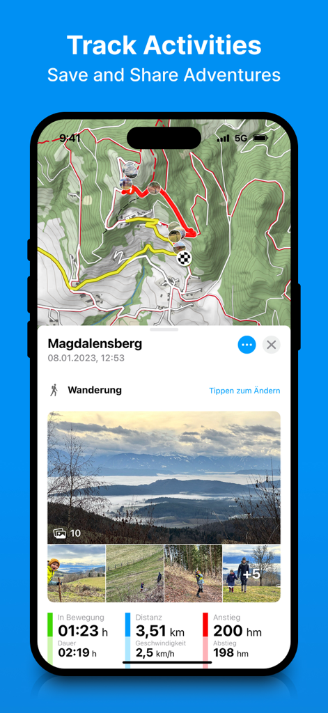 bergfex: Hiking & Tracking - Bergfex app showing a tracked hiking route on a topographic map with integrated photos and performance statistics.