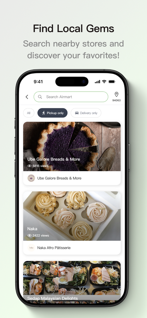 Airmart mobile app search screen displaying local specialty food vendors and marketplace items